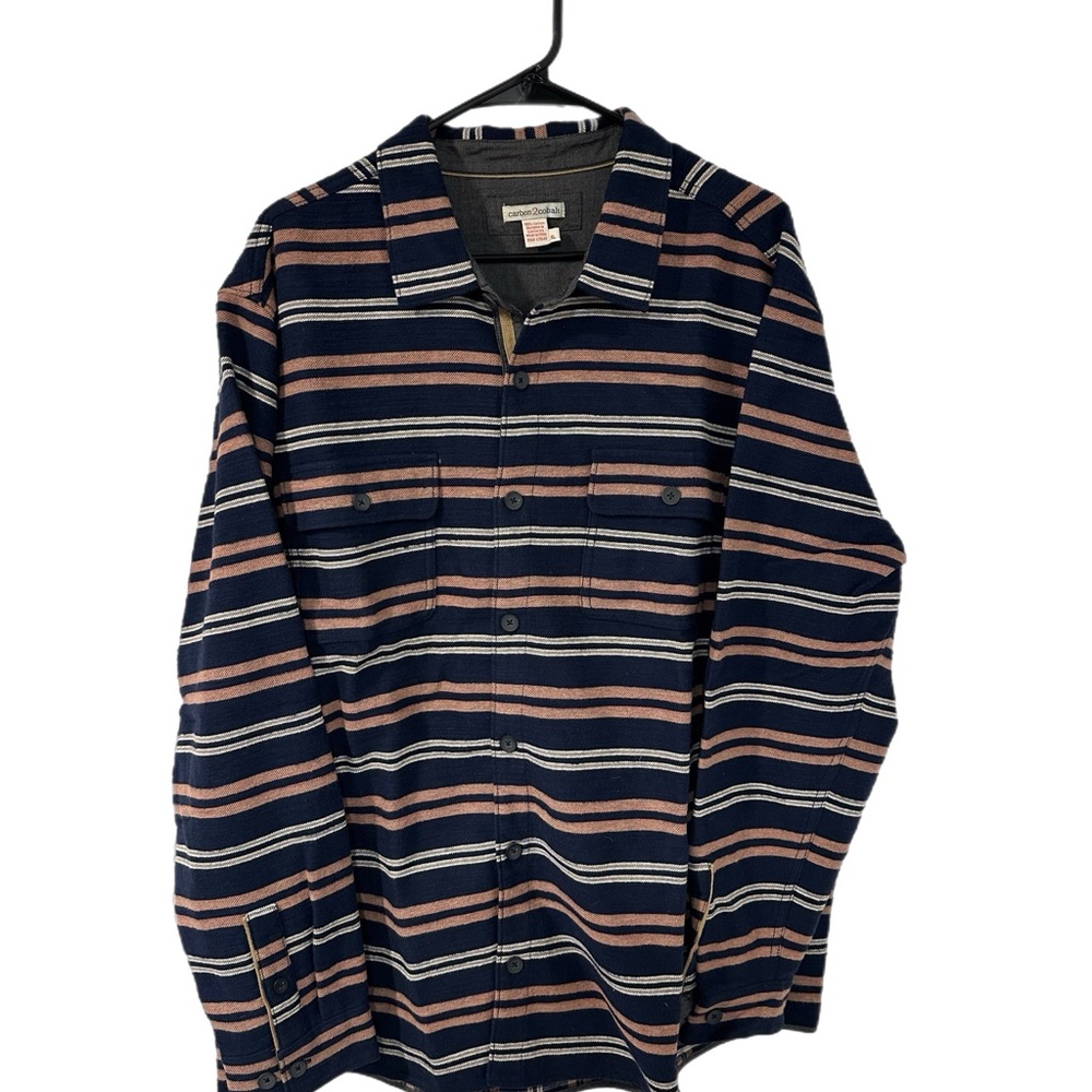 Carbon 2 Cobalt Jacket Mens XL Navy Striped Flannel Coat Shacket 100% Cotton